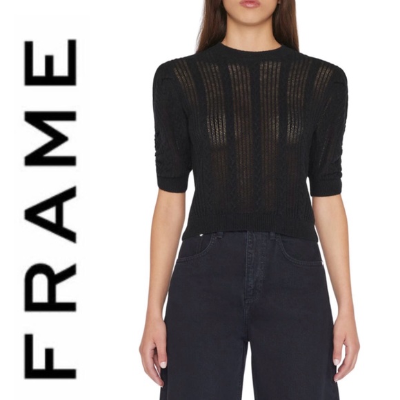 NWT💕FRAME Pointelle Ruched-Sleeve Cashmere Knitted Sweater Size L